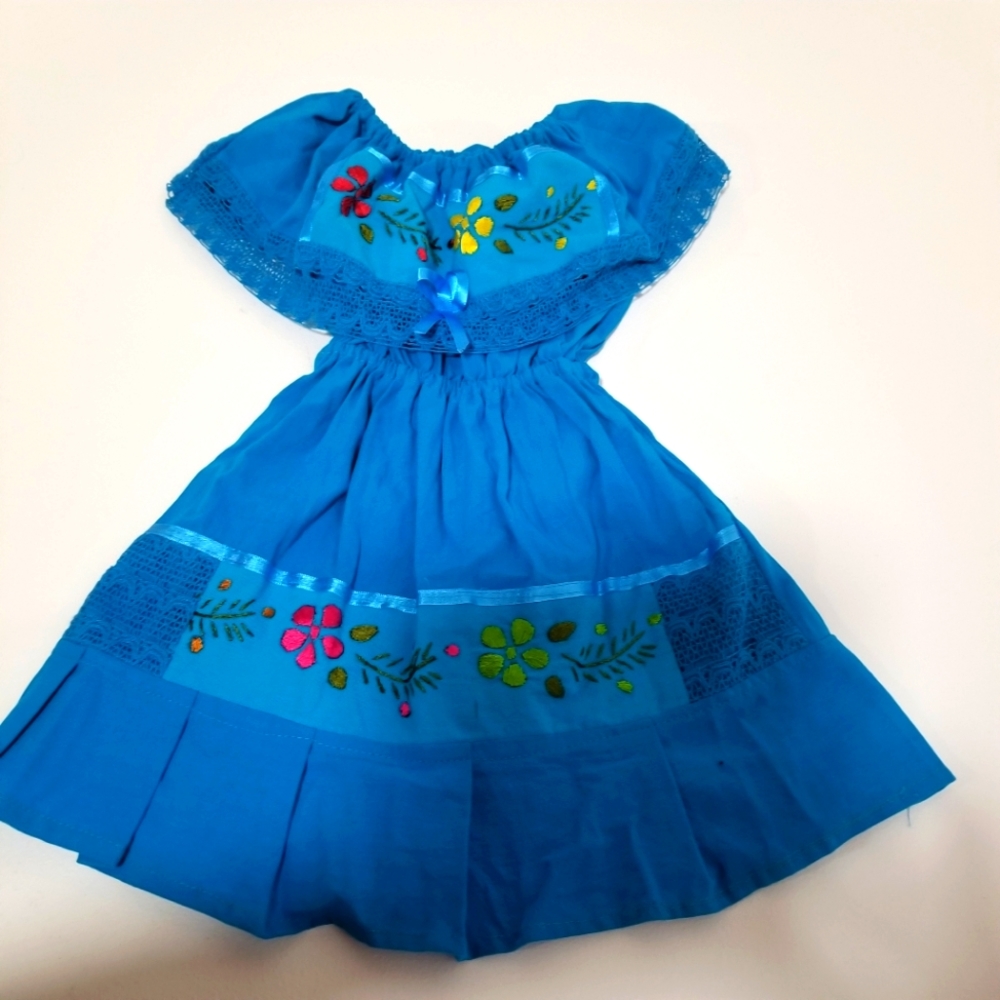 New girls blue Embroidered Girls Dress, Mexican Traditional Girls Dress,